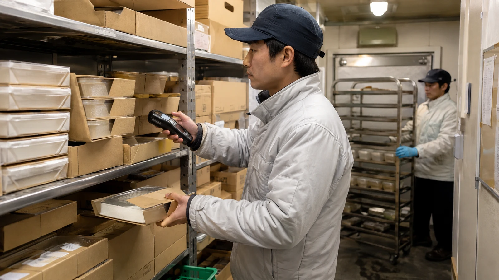 低温倉庫の棚に並ぶ食品の包装をハンディ端末で読み取る在庫担当者。