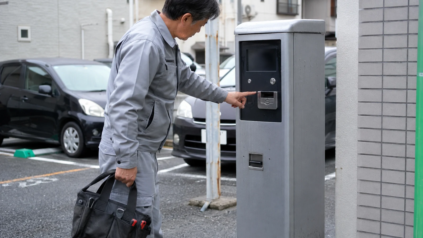 駐車場の精算機の投入口を確認する作業員。手に工具バッグを持っている。