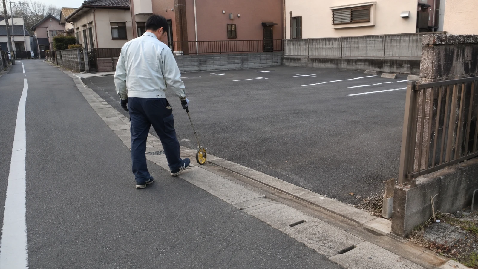 住宅地の駐車場入口で、測定用の車輪を使って幅を確認する作業員。