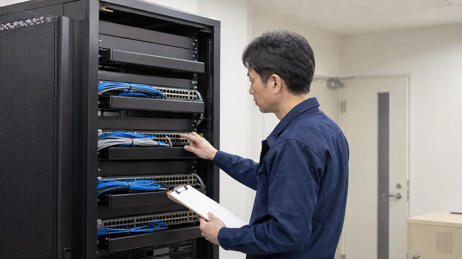 小規模な社内ネットワーク機器の接続を、移行前に確認して記録するIT担当者。