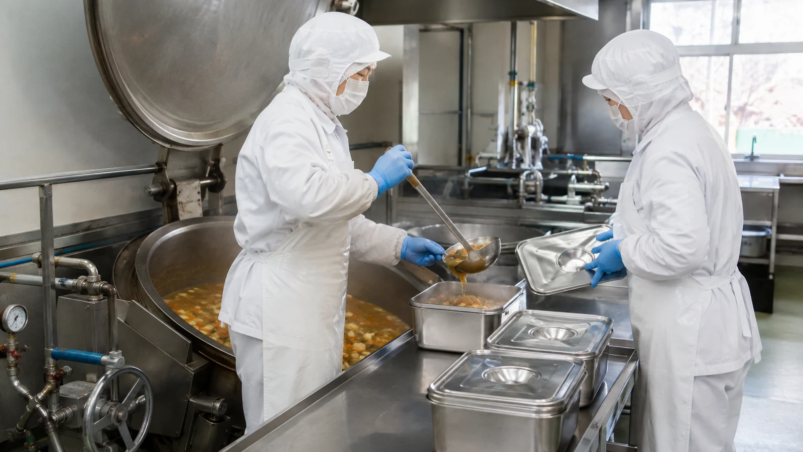 衛生帽と白い作業着を着た給食調理員が、大きな調理釜から食缶へ料理を分ける。