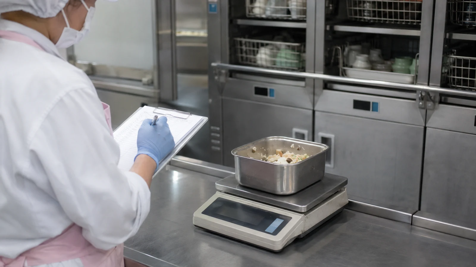 給食の返却場所で、食缶を台はかりに載せ、残った料理の量を記録する担当者。