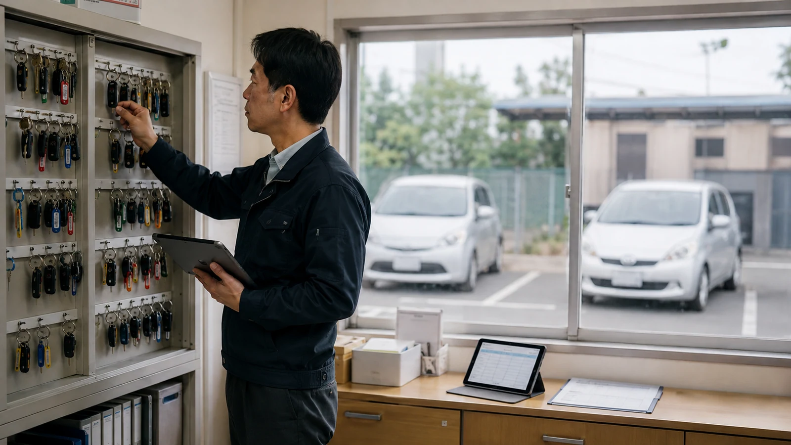 車両管理担当者が社用車の鍵を保管棚から取り出し、手元の端末で予約状況を確かめている。