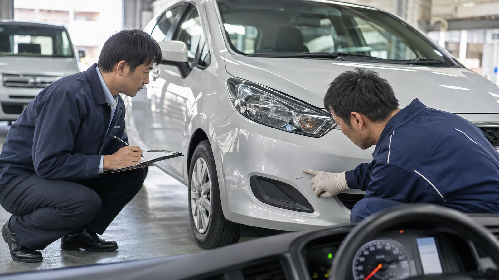 リース返却前の白い業務車両について、担当者と整備担当者が車体の傷を指しながら記録している。