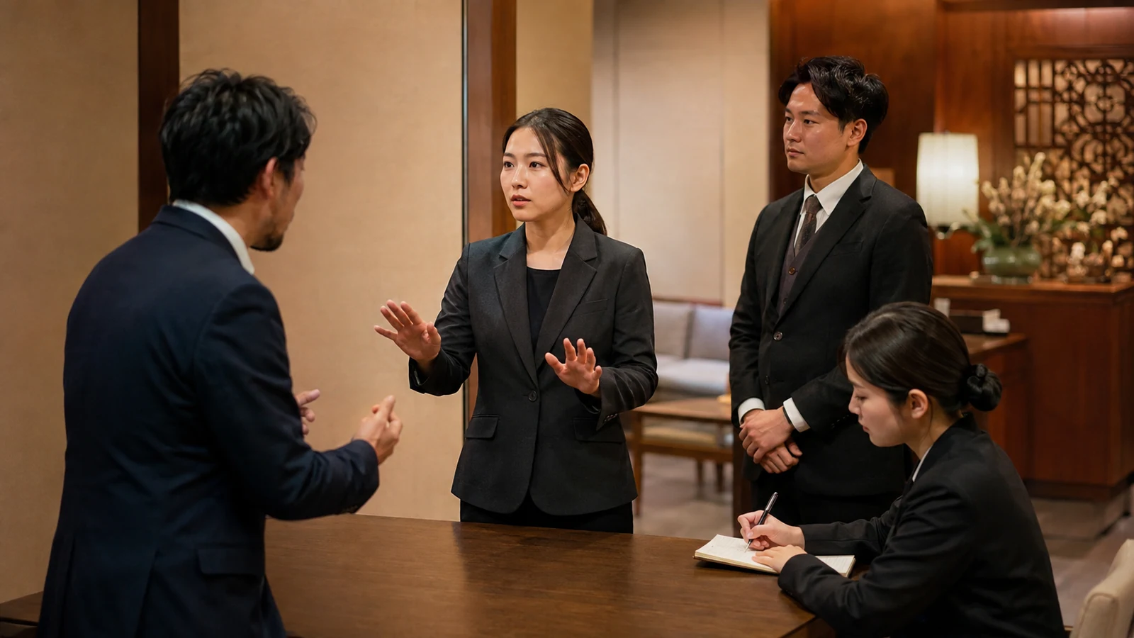 接客チームが顧客対応の交代場面を実演し、責任者役と記録役が引継ぎのタイミングを確認している。