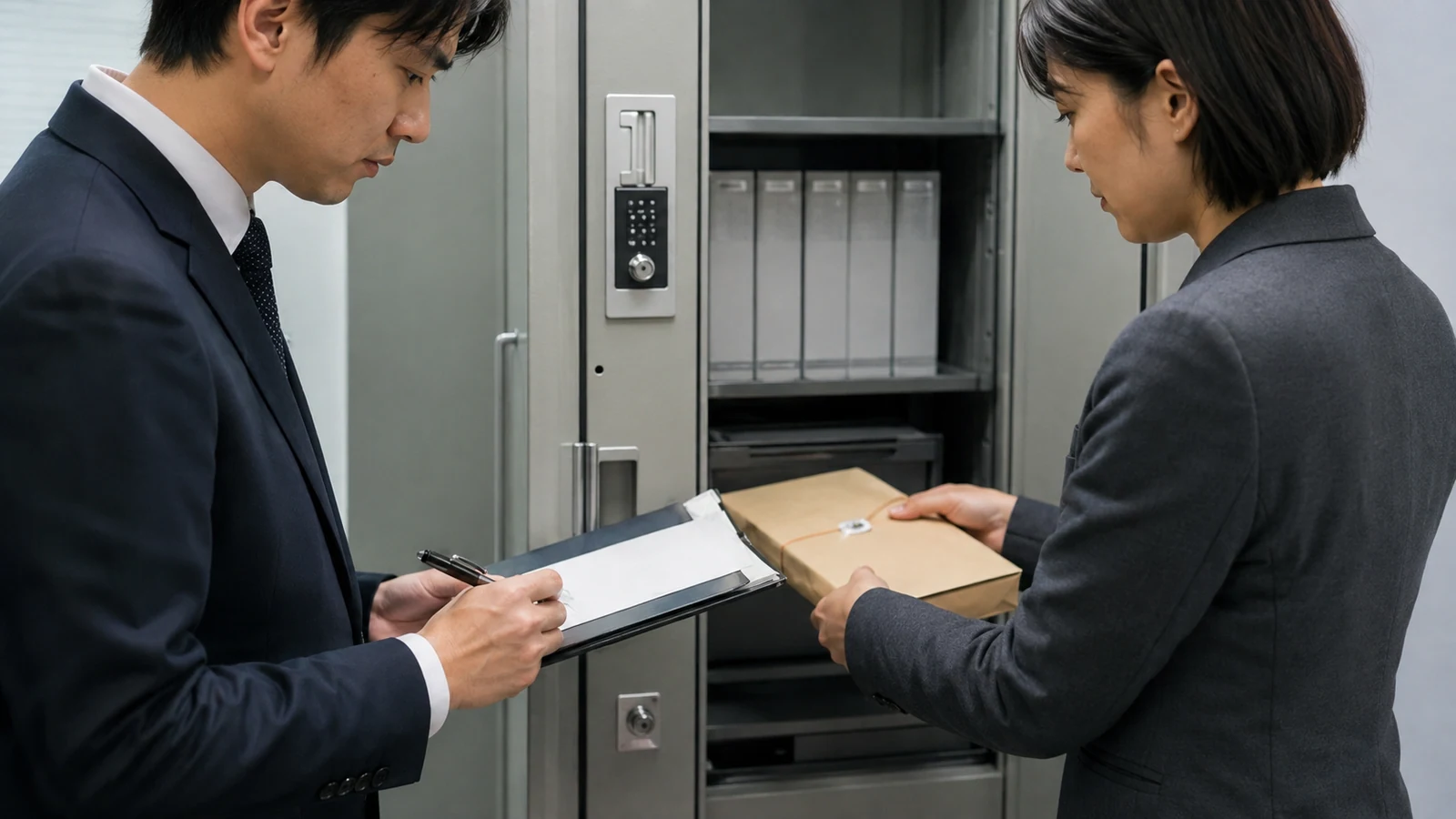 管理区域の書庫で二人の担当者が封印された重要書類を照合し、施錠保管する手続きを進めている。