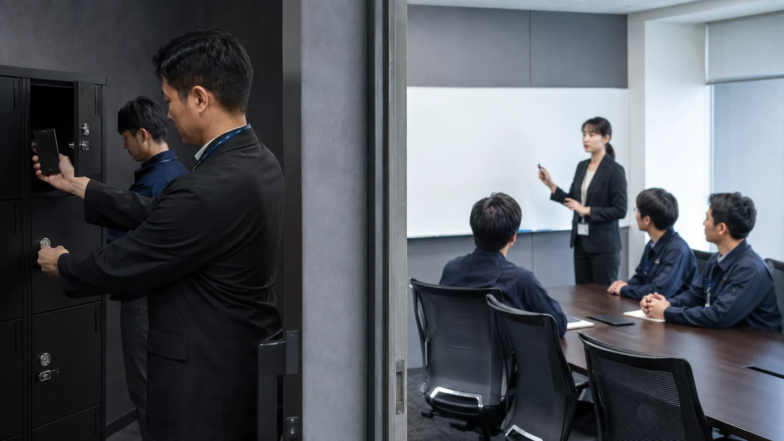 管理区域の会議室で少人数の技術者が取扱手順の説明を受け、入口では携帯端末を保管庫へ入れている。