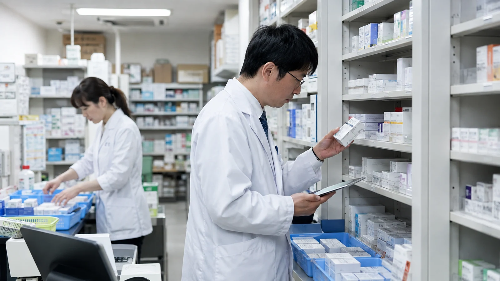 薬局の在庫棚で薬剤師が医薬品の箱と手元の端末を照合し、別の薬剤師が補充品を仕分けている。