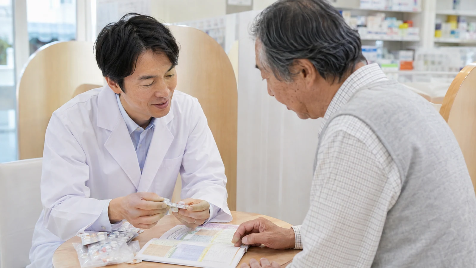薬局の相談席で薬剤師が高齢の患者と薬を見比べ、服用方法と重複の有無を説明している。