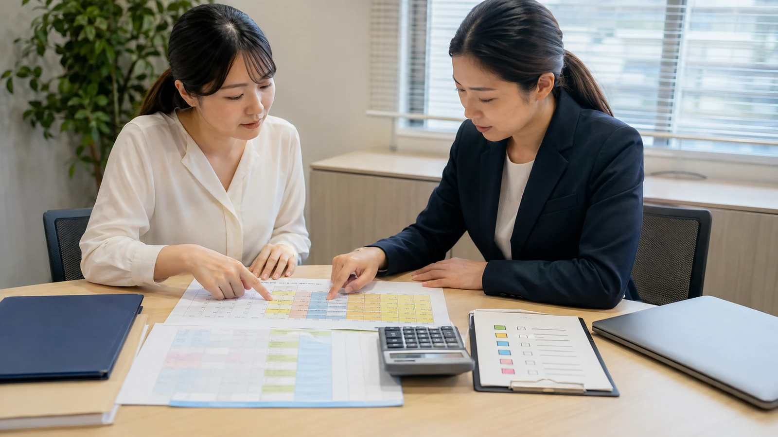 人事担当者と育児中の社員が給与明細、休業日、申請予定日を色分けしたカレンダーで照合している。