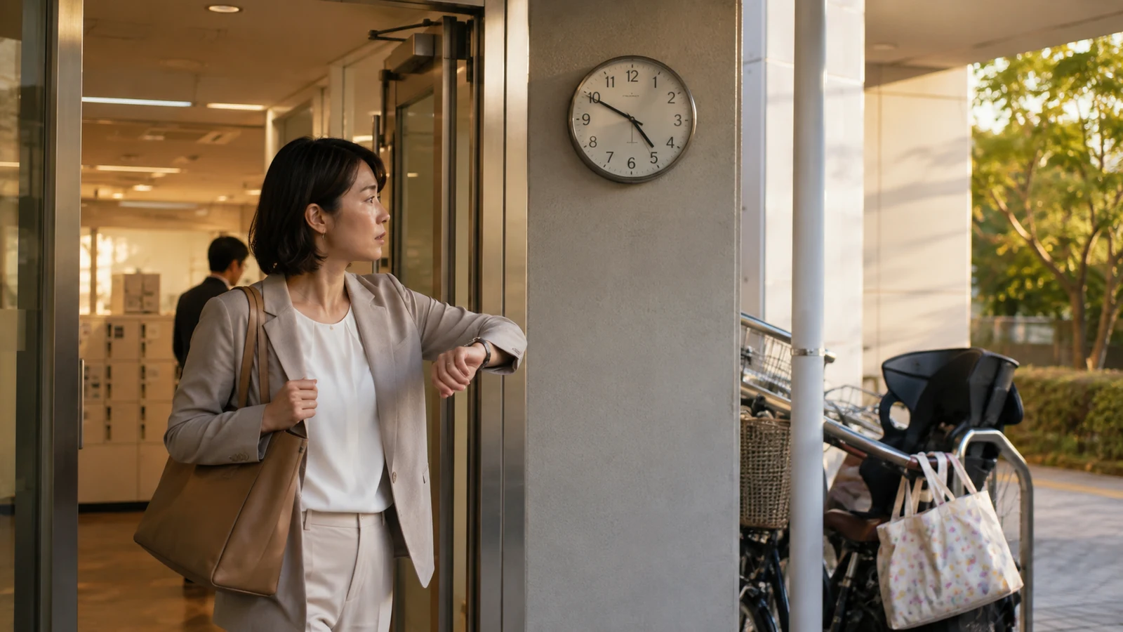育児中の社員が午後の明るいオフィスで同僚へ業務を引き継ぎ、保育施設のお迎えに向けて退勤している。