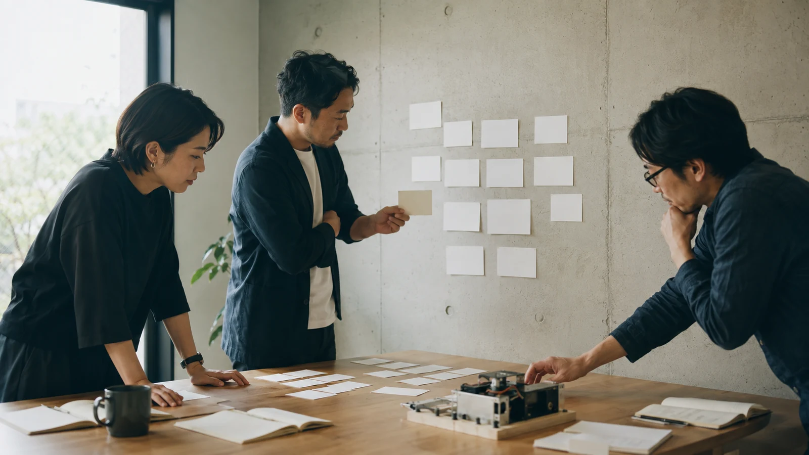 三人の創業メンバーが壁と机の白いカードを動かし、出資者ごとの権限と意思決定の分担を設計している。