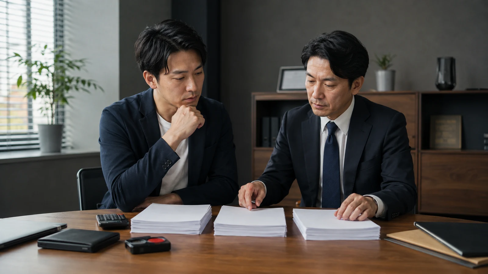 創業者と専門家が銀行、契約、会社運営を想定した複数の書類束を分けて点検している。