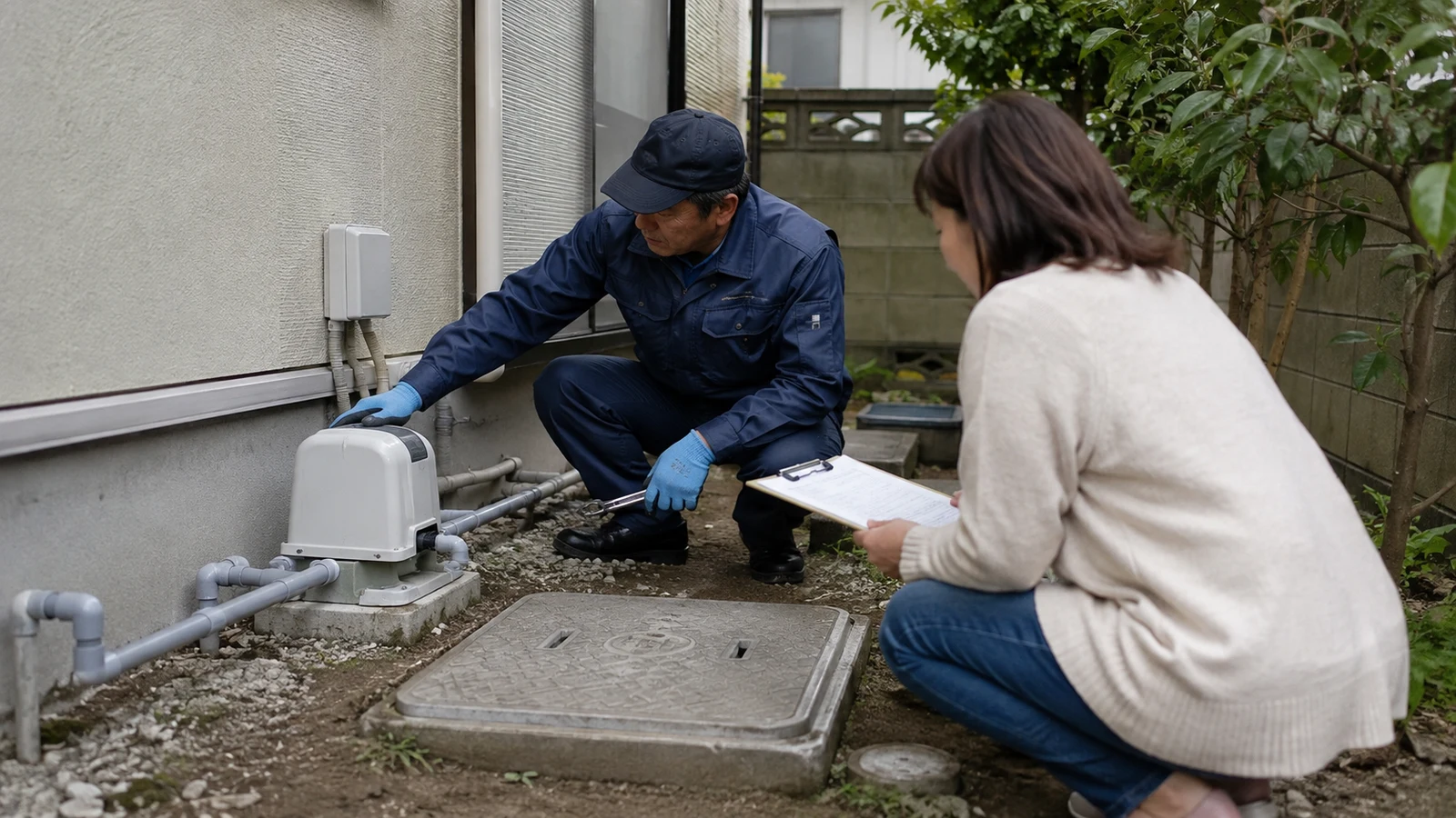 浄化槽の保守点検担当者が屋外ブロワーと配管を点検し、計測値を記録票へ書いている。