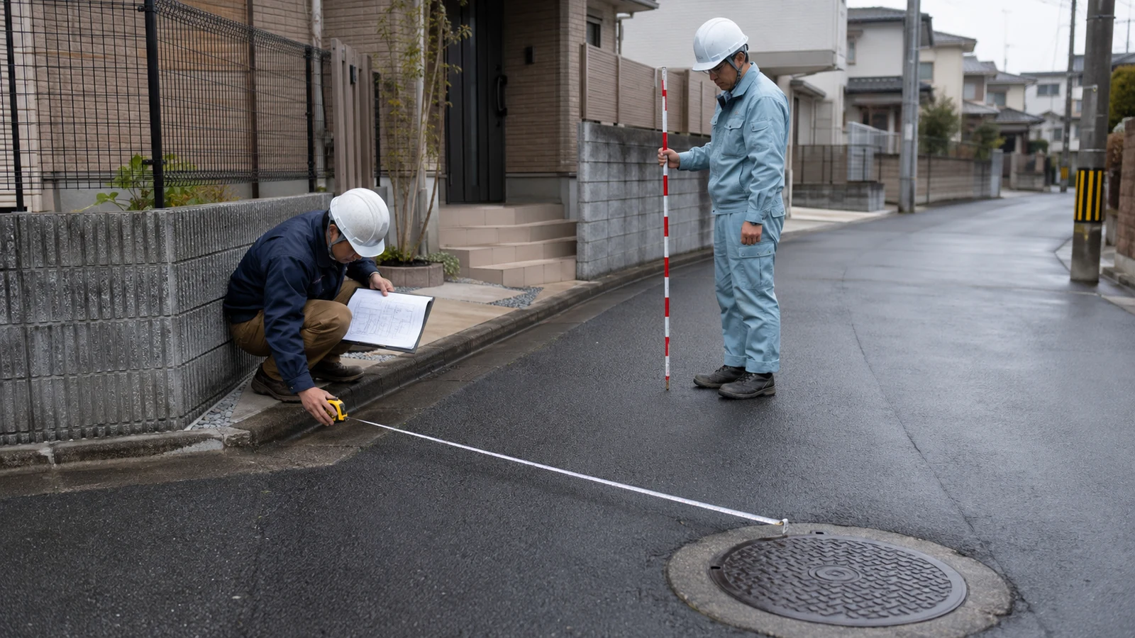 住宅の外壁沿いで施工担当者が排水管の勾配と道路側の公共ますまでの接続経路を測っている。