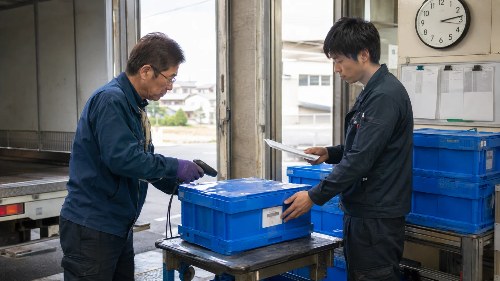 物流倉庫の受領担当者が荷物のラベルと携帯端末を照合し、実際の受領時刻を記録している。