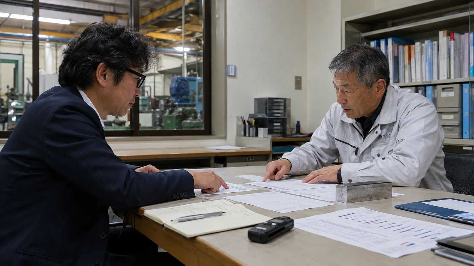 金属部品と原価資料を机に広げ、発注側と受注側の担当者が価格改定の根拠を指しながら話し合っている。
