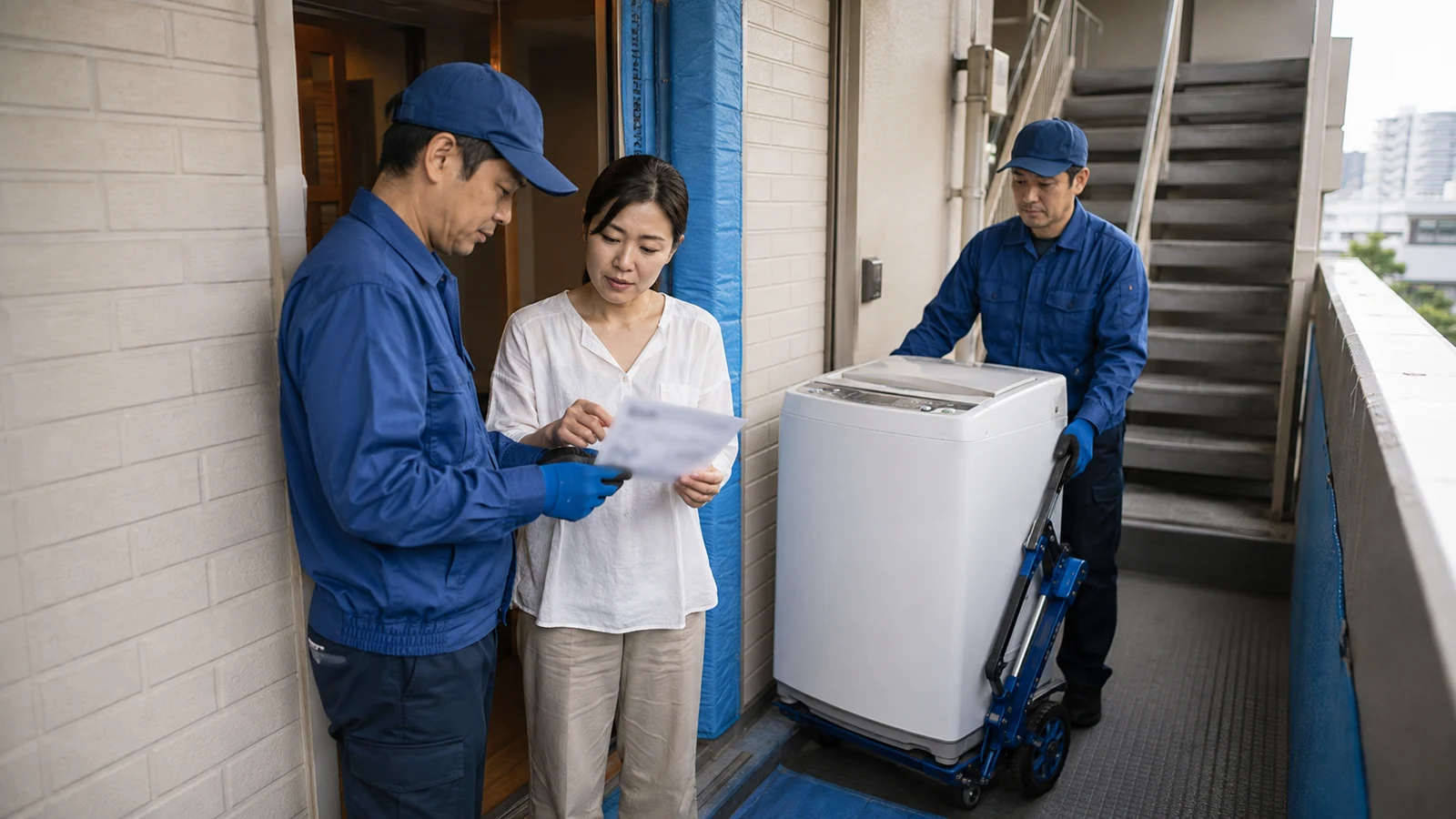 正規の回収担当者が家電リサイクル券を確認し、養生した通路から洗濯機を安全に搬出している。