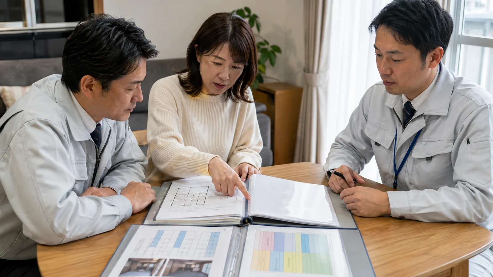 工事完了後に建物所有者と施工責任者が、調査報告、分析結果、施工写真、廃棄記録を図面と照合している。