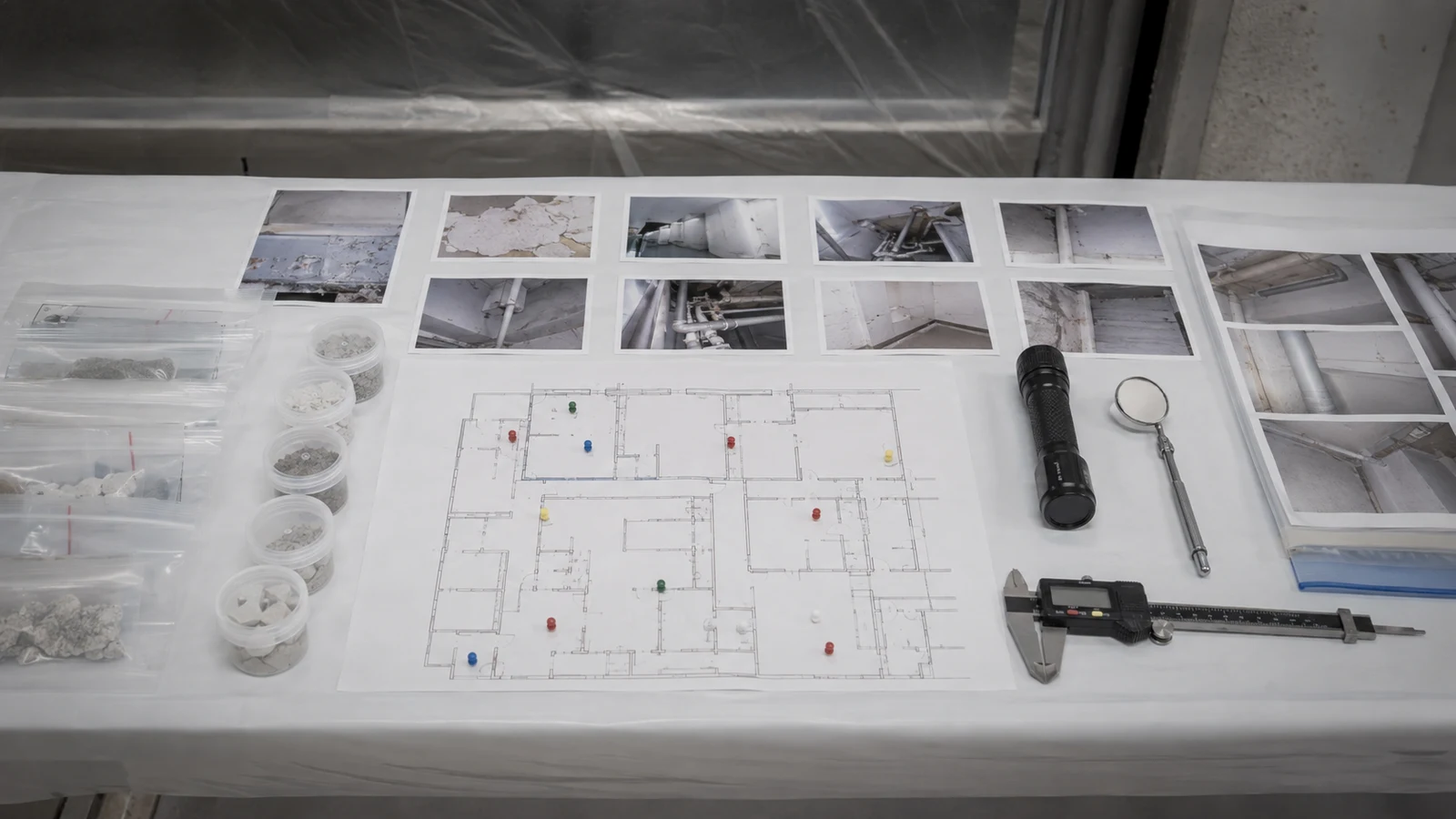 調査者が建材サンプル、製品ラベル、図面、採取位置の写真を並べ、部屋ごとの石綿調査台帳を作成している。