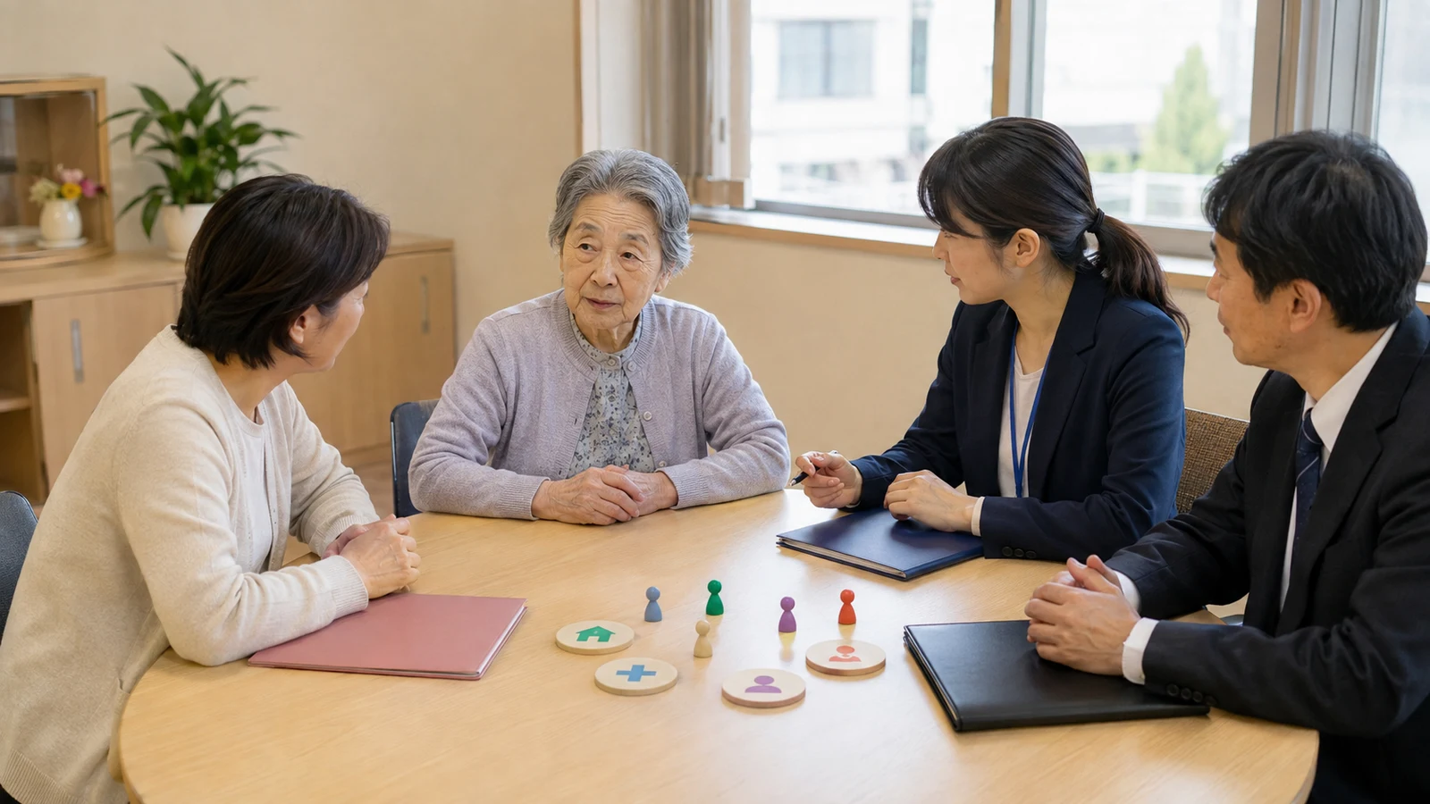家族と支援者が本人を中心に、医療、介護、住まい、口座、契約の担当を色分けした支援地図を確認している。