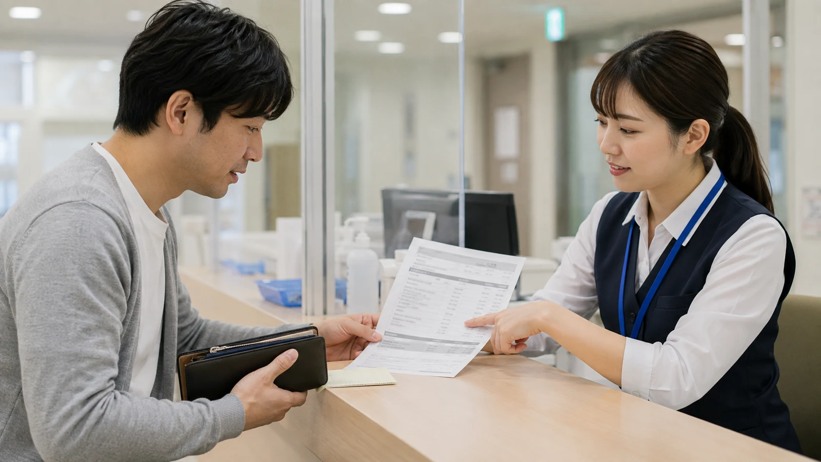 病院の会計窓口で担当者と患者が領収書を見ながら、保険診療と紹介状なしの追加料金を別欄で確認している。