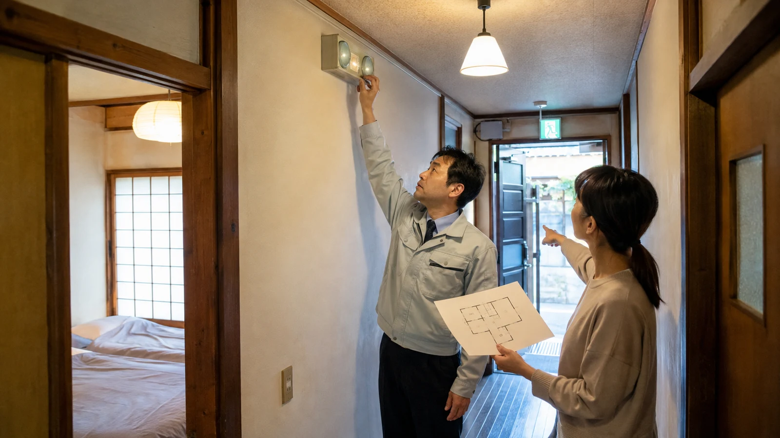 消防担当者と物件管理者が宿泊用住宅の廊下で、警報器、非常灯、避難経路を図面と照合している。