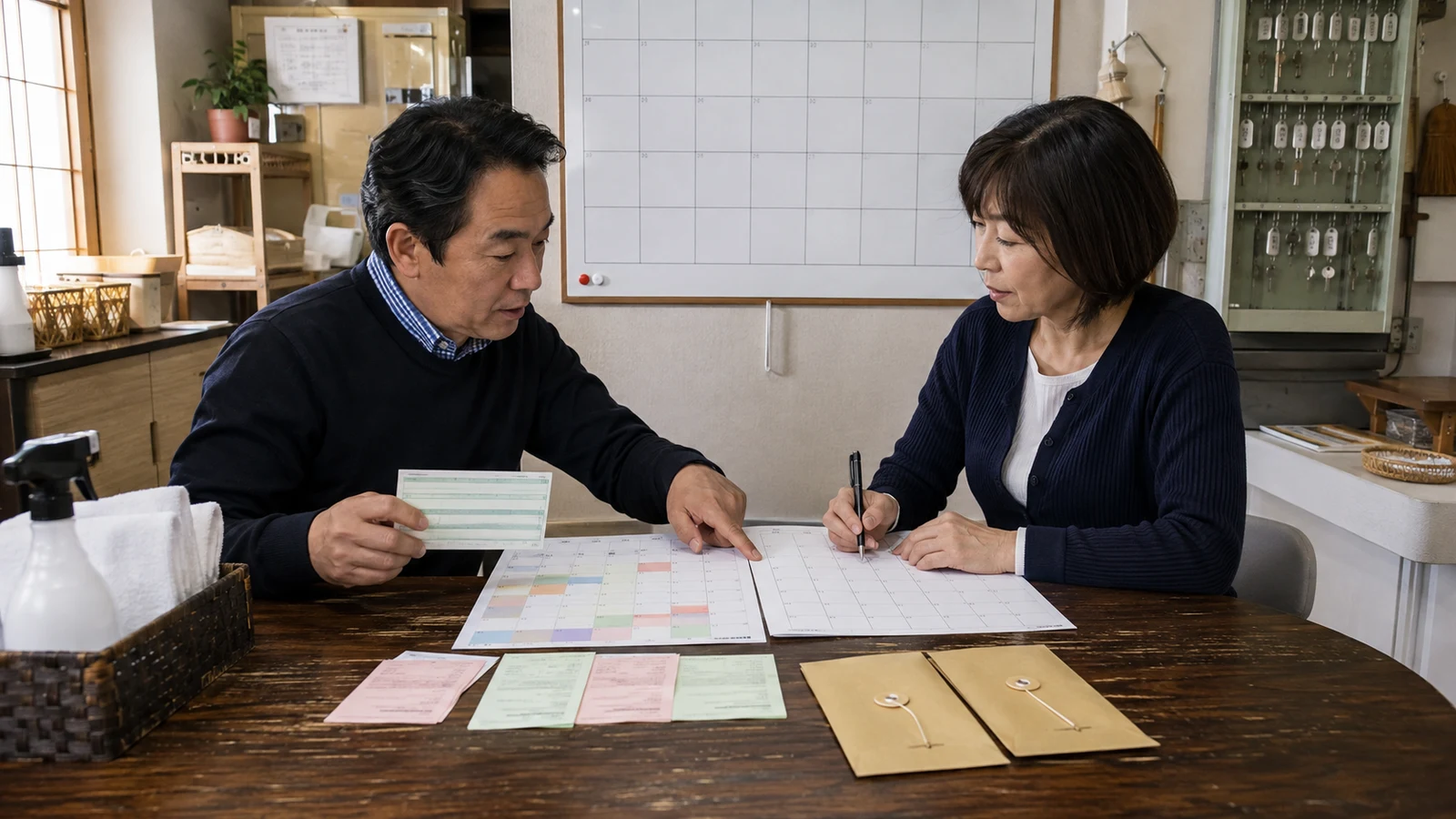 住宅宿泊事業者と管理会社が、宿泊実績、清掃記録、近隣からの連絡、収支を月次表で確認している。