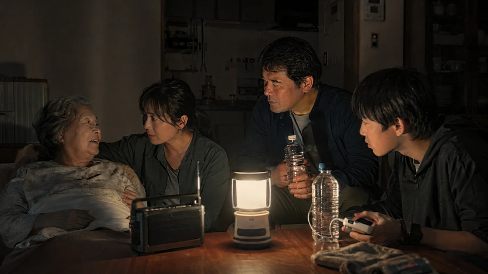 停電した自宅で家族がLED照明、ラジオ、モバイルバッテリー、電池、連絡先一覧を確認している。