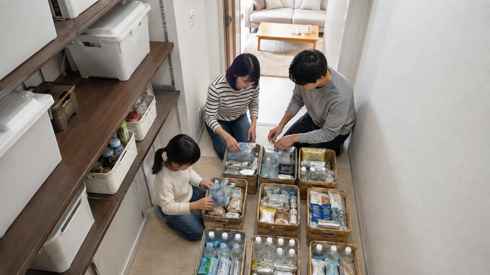 家庭のテーブルに七日分の水、米、缶詰、レトルト食品、乳幼児用品、服薬品が日別に分けて並んでいる。