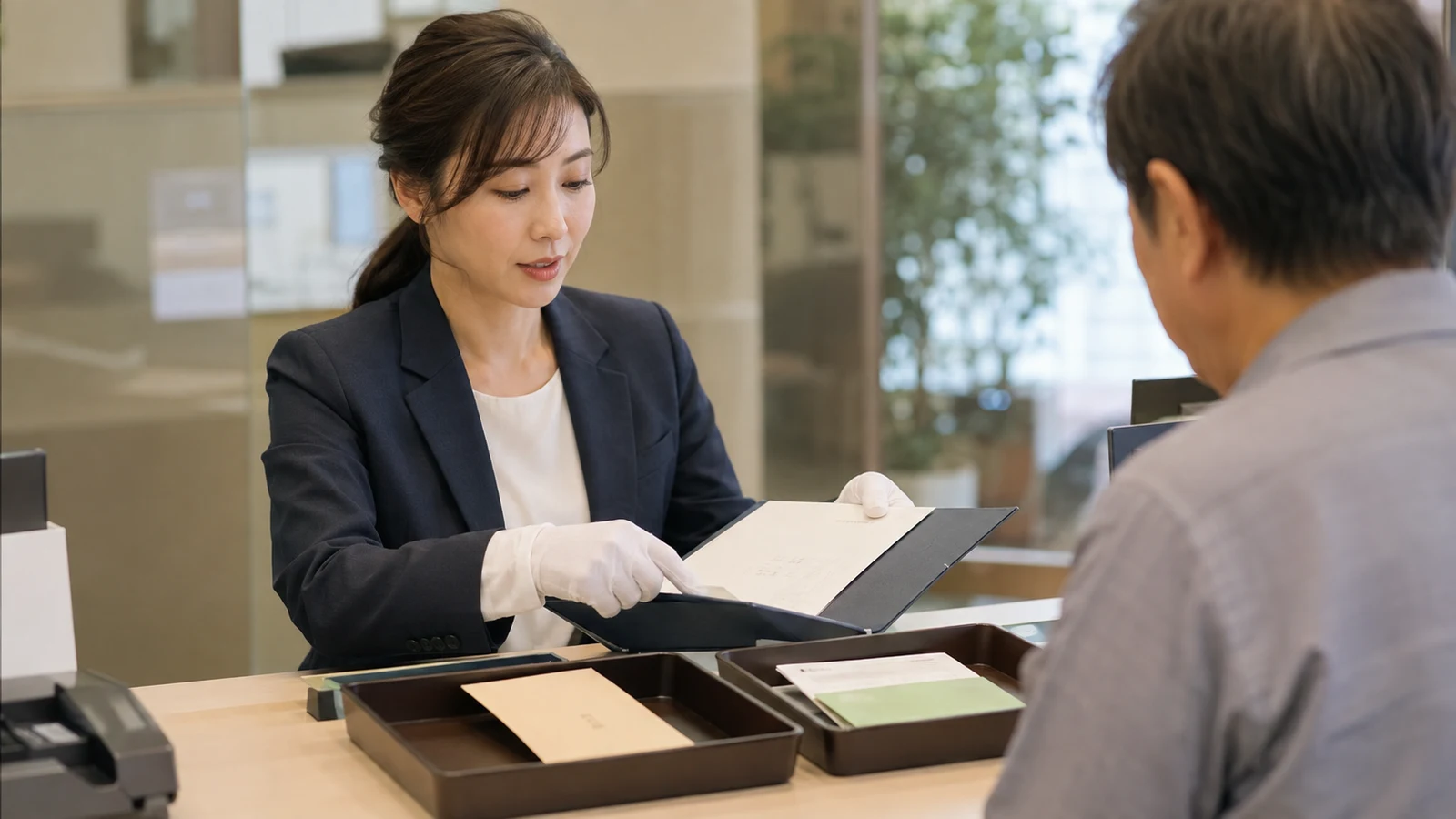 銀行担当者と相続人が、戸籍、法定相続情報一覧図、印鑑証明、遺産分割協議書を項目別に確認している。