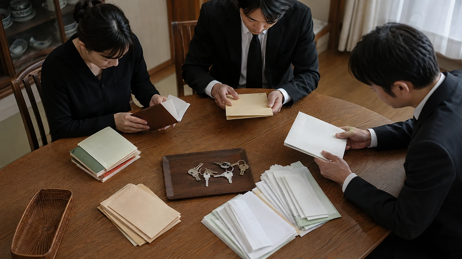家族が故人の通帳、請求書、保険証券、借入返済表を机に並べ、口座別の取引一覧を作っている。