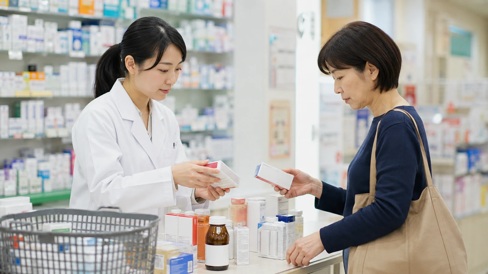 薬剤師と利用者が薬局レシートと市販薬のパッケージを見ながら、セルフメディケーション税制の対象表示を確認している。