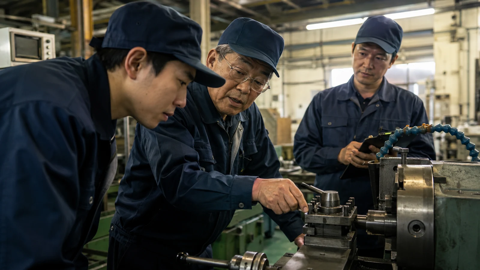 製造現場で熟練社員が若手へ設備点検を教え、管理者が手順書と役割分担を確認している。