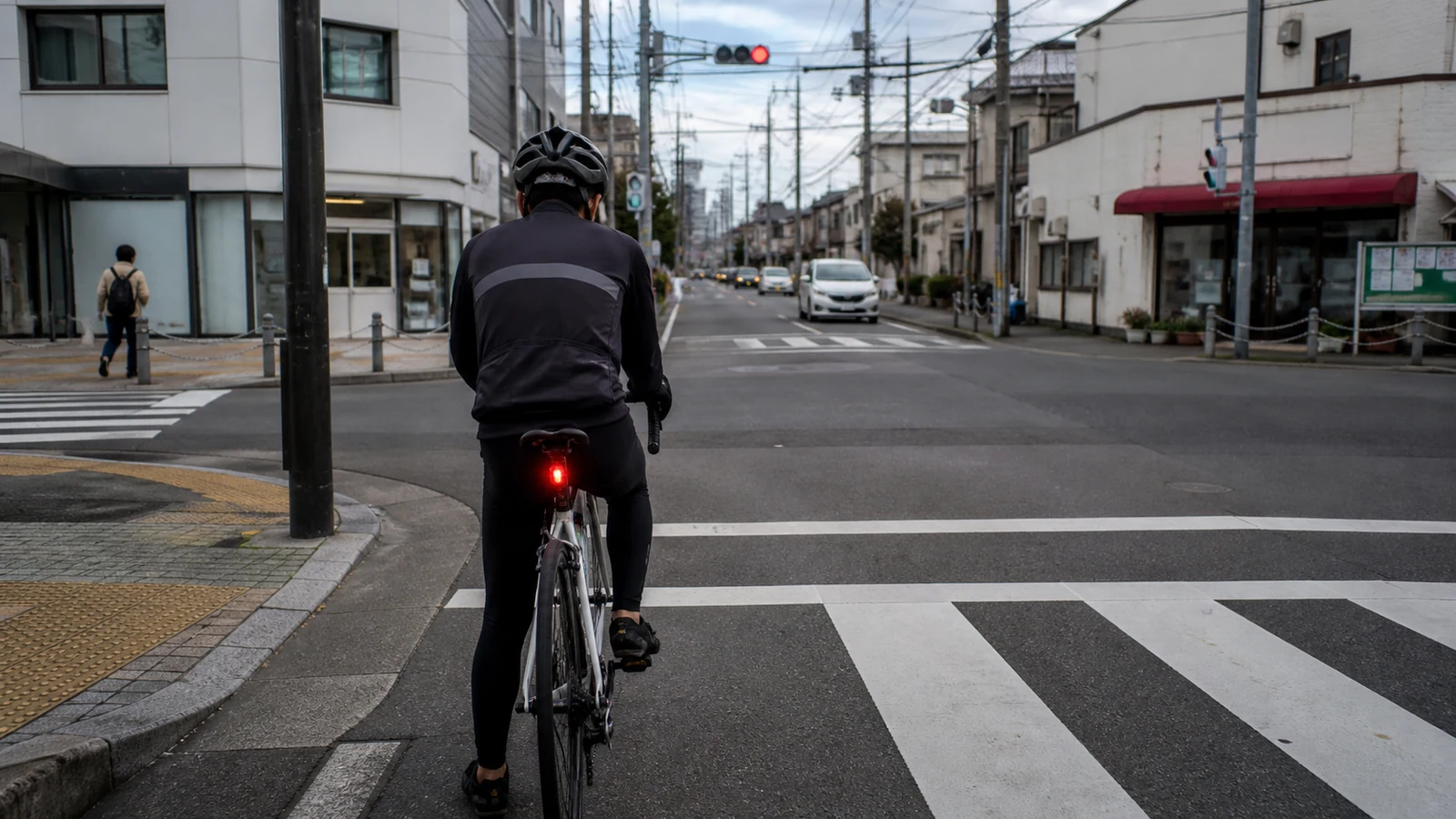 自転車利用者が赤信号の交差点で停止線の手前に止まり、左右と車両の動きを確認している。