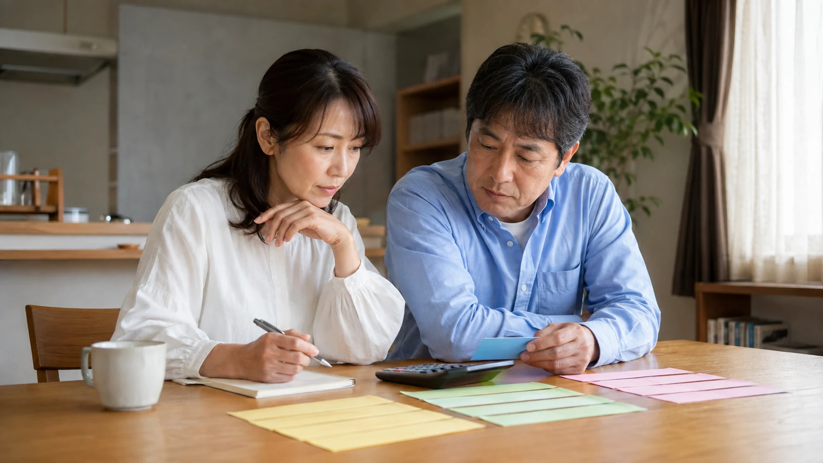 夫婦が自宅で短時間勤務の給与、社会保険料、生活費を色分けした紙と計算機で比較している。