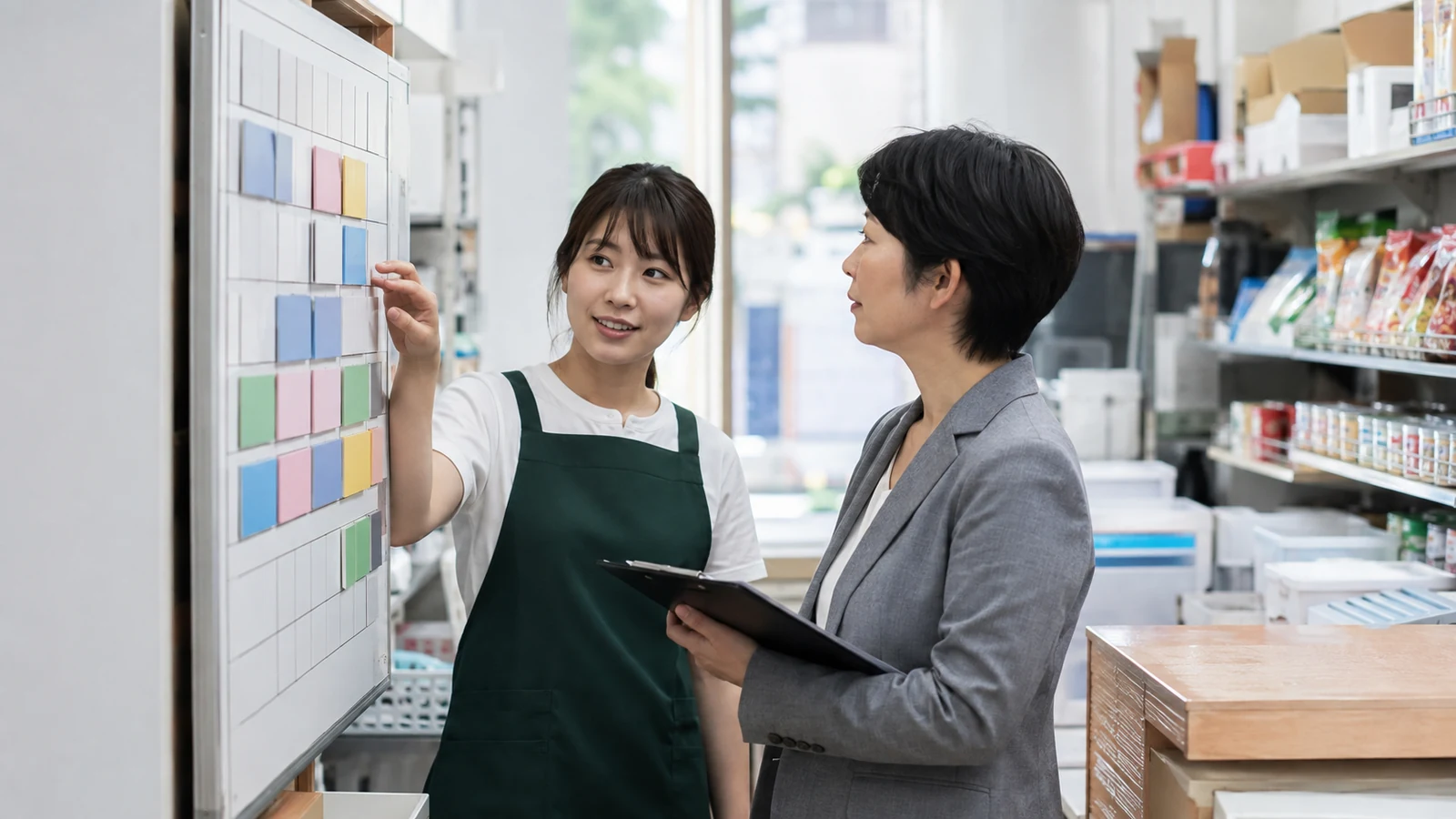 小売店の短時間勤務者と給与担当者が、文字のない色分けされた週間シフト表で契約時間と配置を確認している。