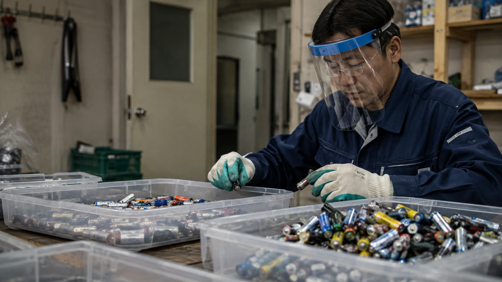 保護具を着けた回収担当者が種類別の容器へ小型充電式電池を分け、端子と外装の状態を確認している。