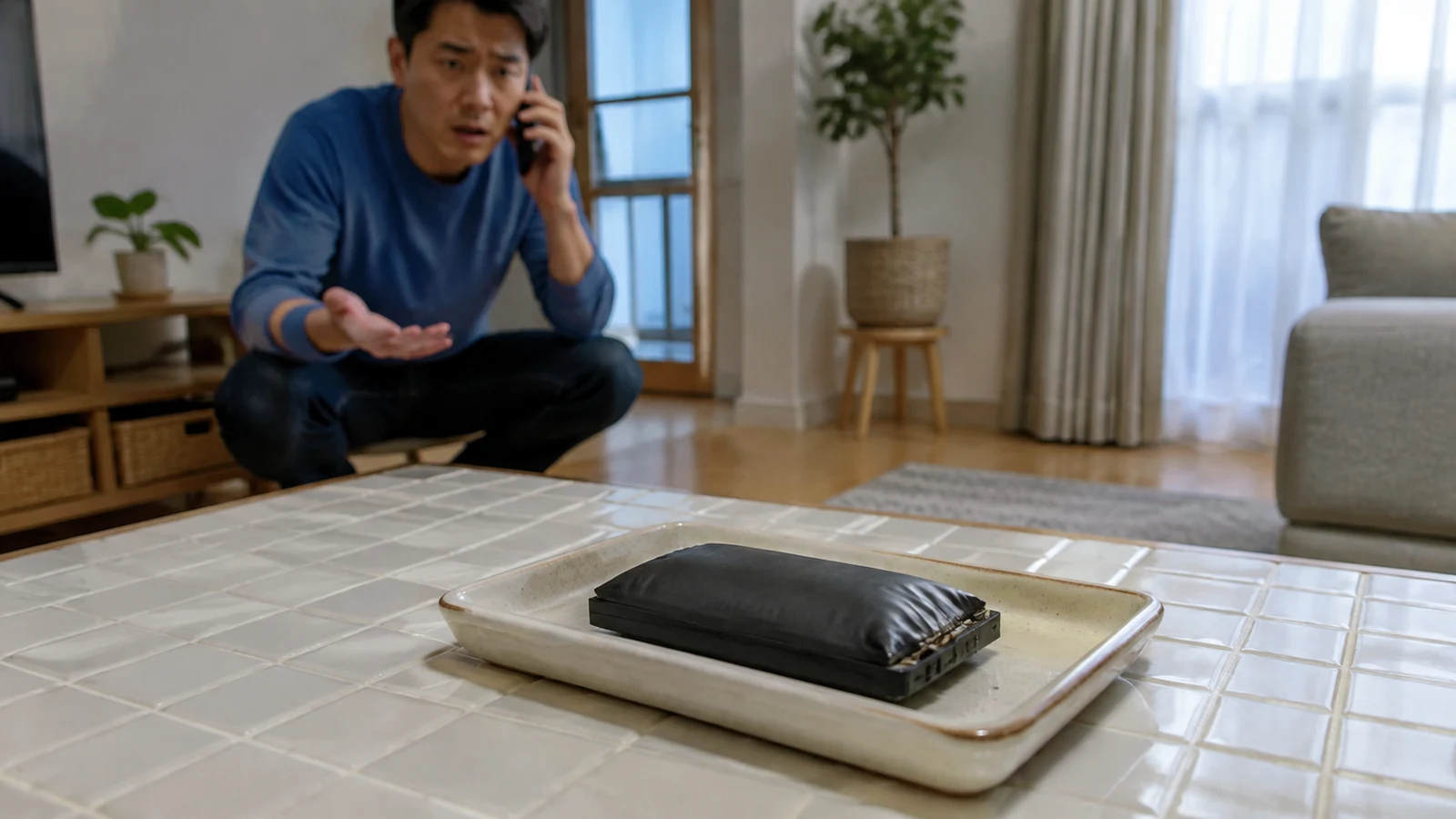 膨張したモバイルバッテリーが不燃性の受け皿に置かれ、利用者が距離を取ってメーカーへ連絡している。