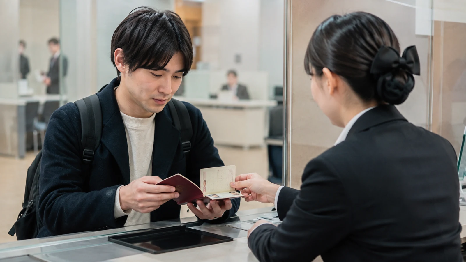 旅券窓口で旅行者が旧旅券と受付書類を提示し、担当者から新しい旅券を受け取って内容を確認している。