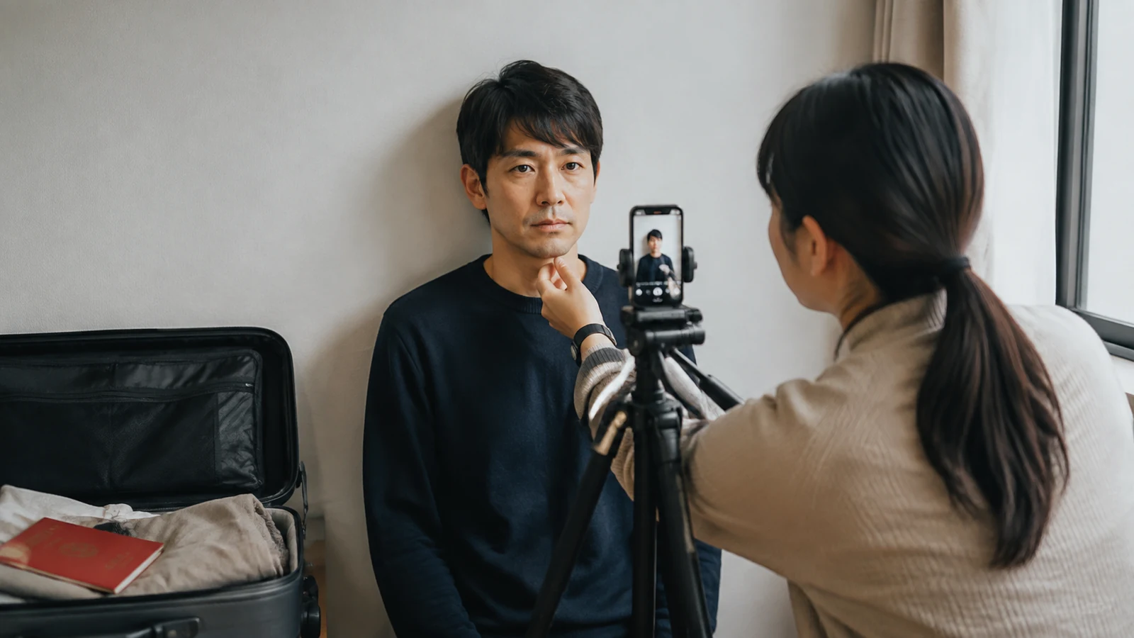 自宅の明るい壁の前で旅行者が正面を向き、家族がスマートフォンを固定して旅券用の顔写真を撮影している。