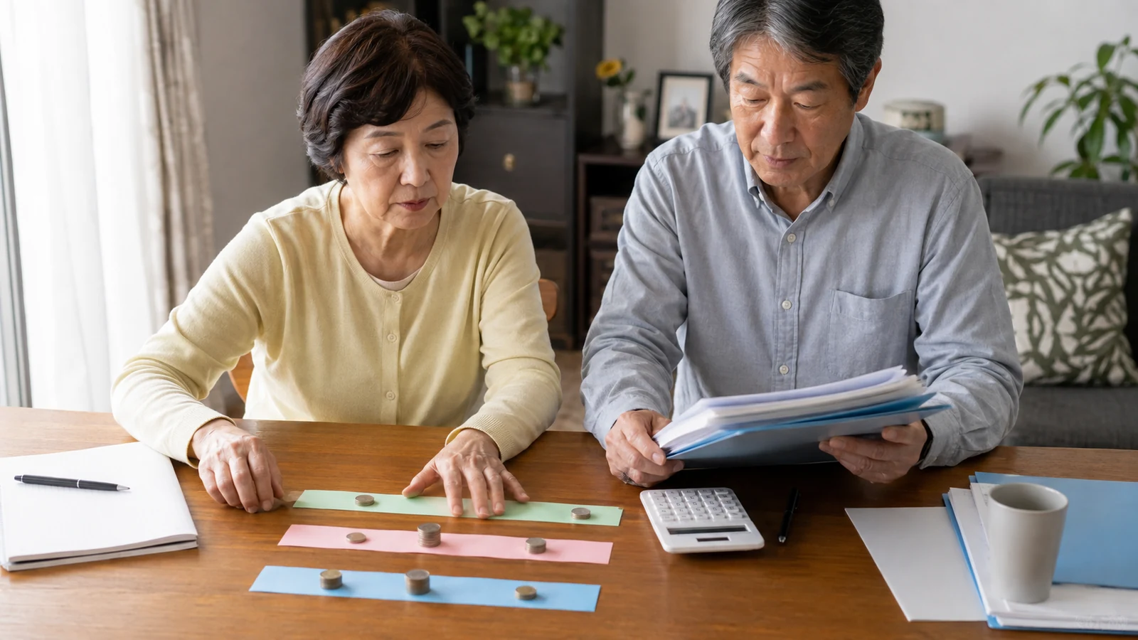 夫婦が自宅で60歳から75歳までの年金開始候補を色別の時間軸と生活費資料で比較している。