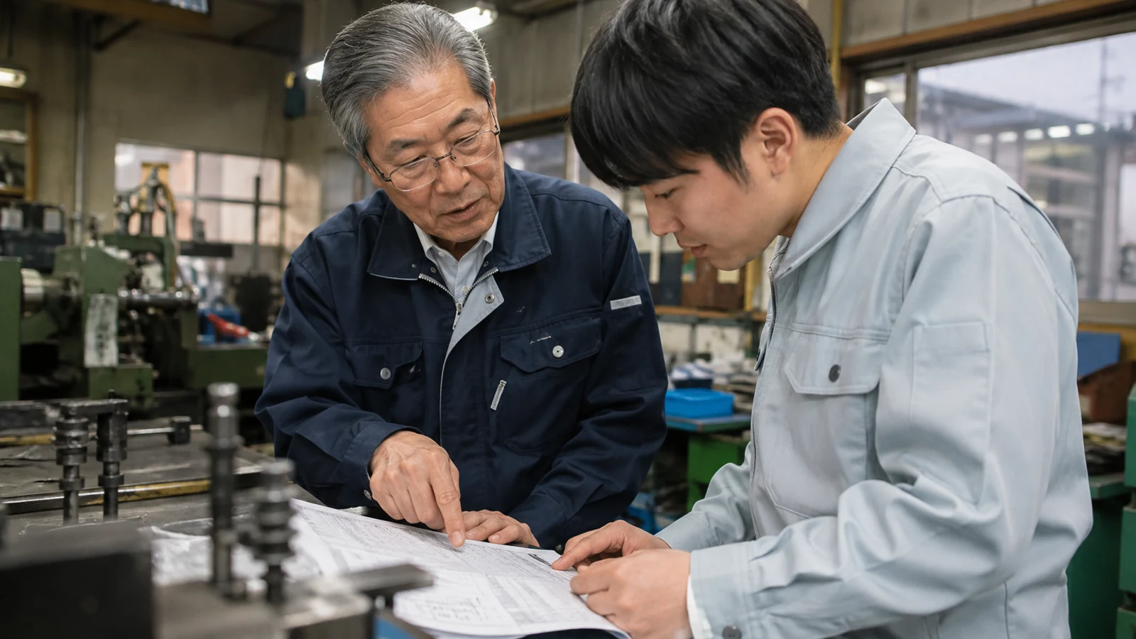 製造現場で高齢の熟練社員が若い社員へ作業を教え、退職後も働く期間と年金開始を考えている。