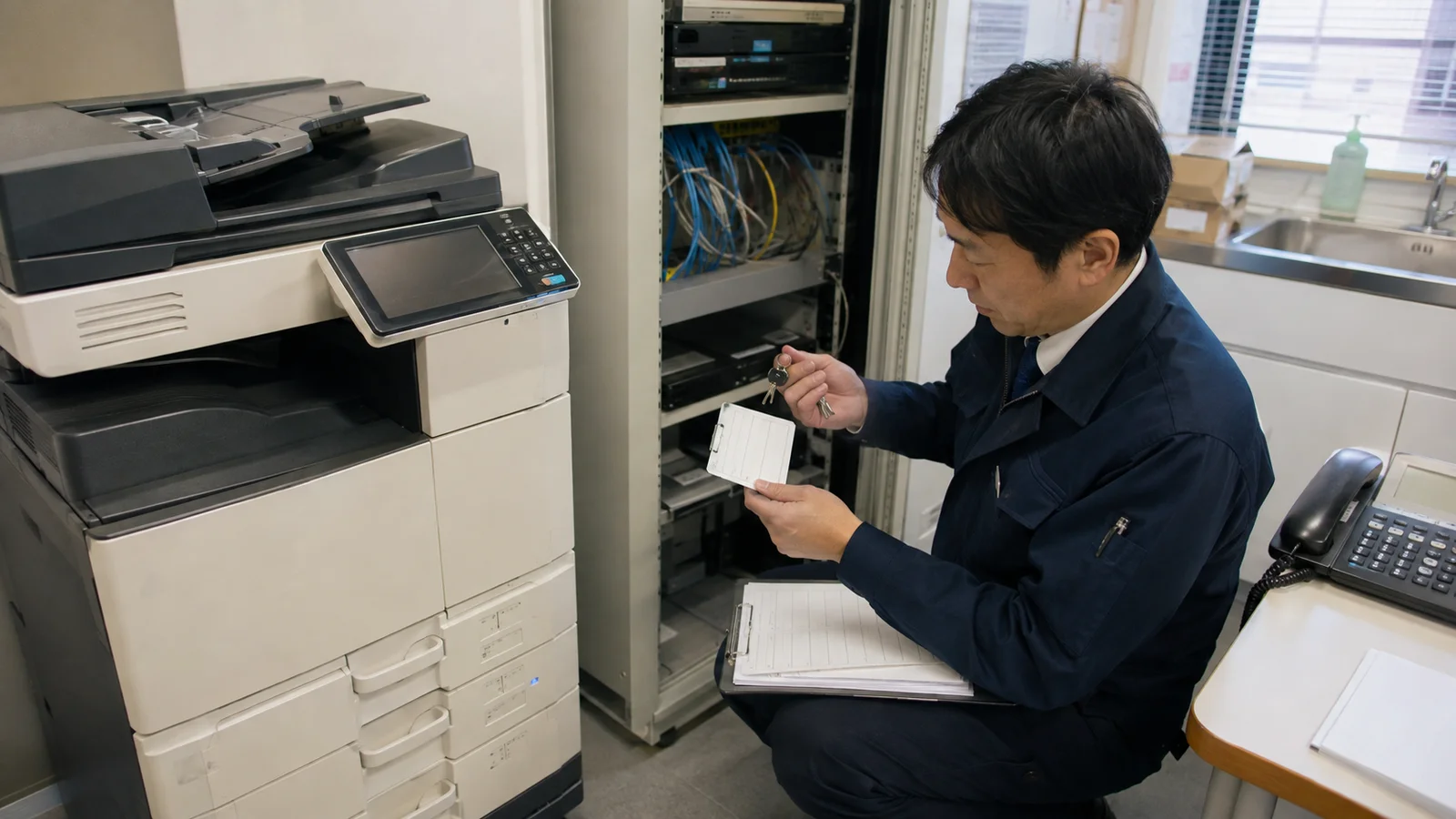 複数拠点の担当者が契約一覧と店舗・車両・設備の利用状況を大きな表で照合している。