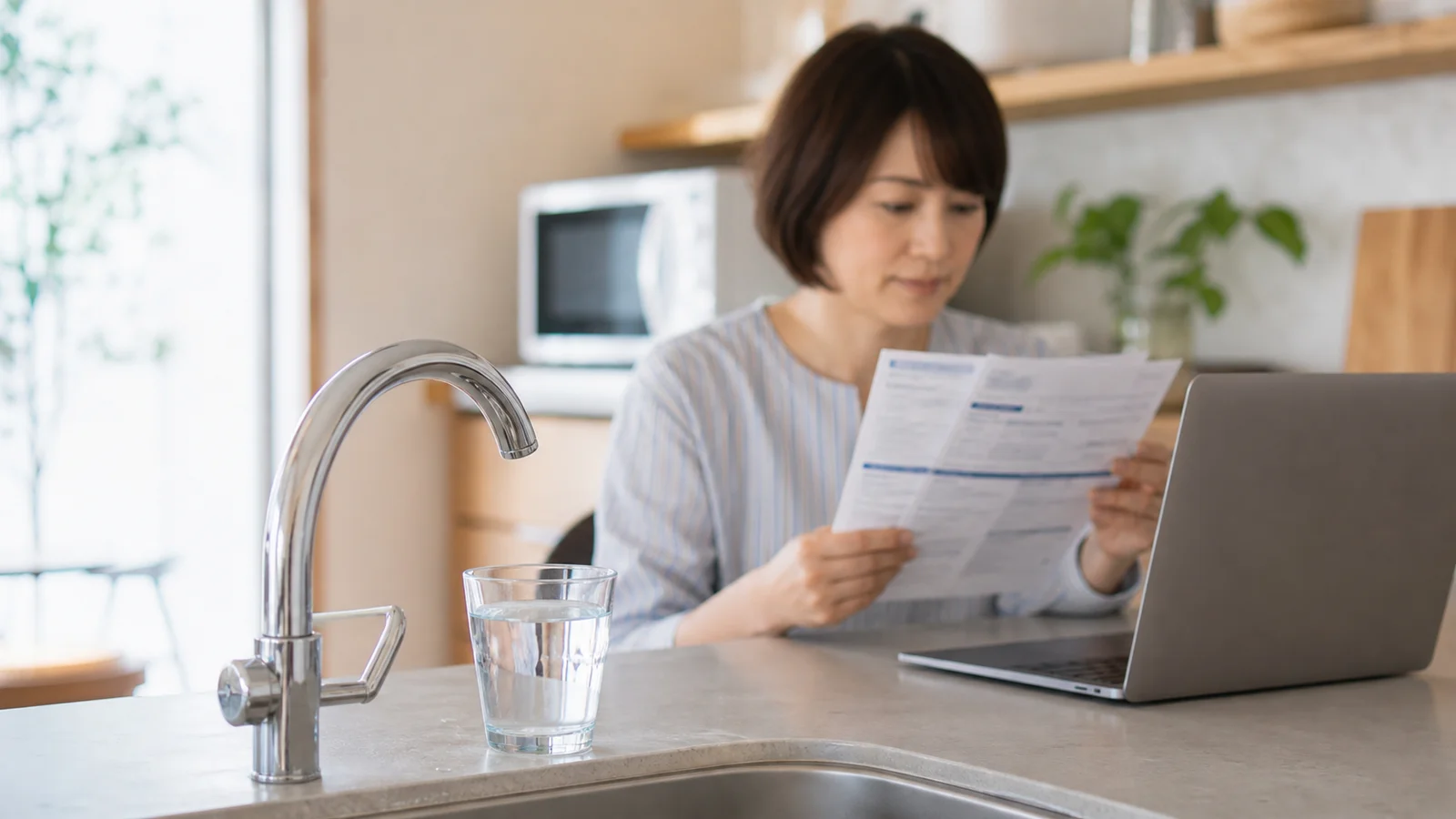 家庭の台所で住民が自治体の水質結果と水道の給水区域図を見ながら蛇口の水源を確認している。