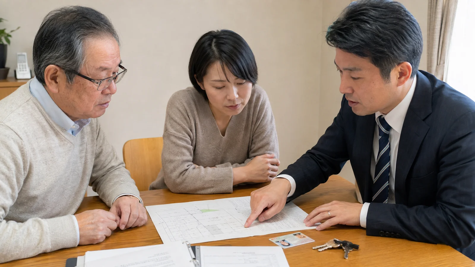 高齢の不動産所有者と家族が専門家と地図、本人確認書類、鍵を並べ、売却前の住所表示を確認している。
