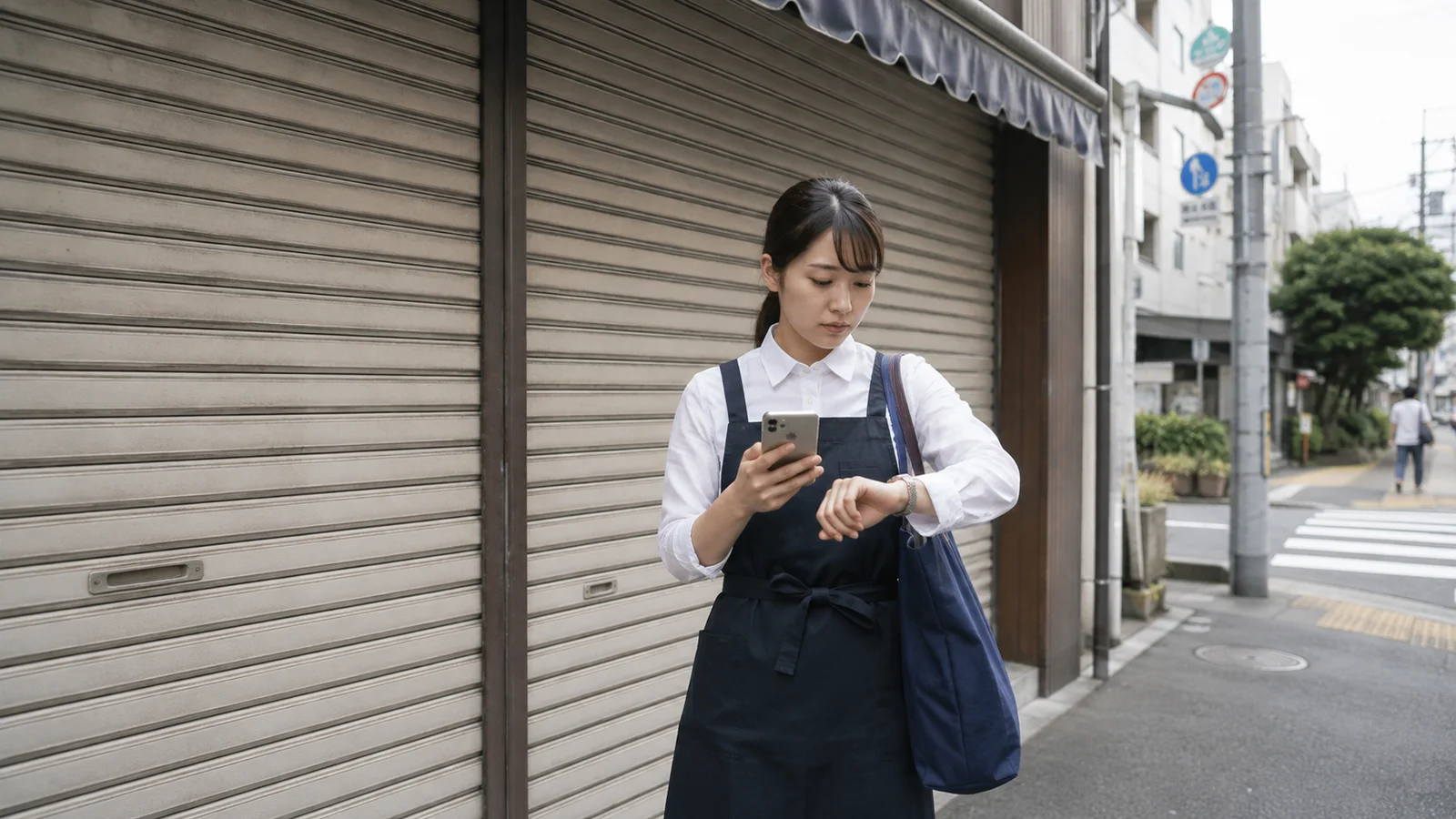 勤務開始前の短時間労働者が駅のベンチでスマートフォンの取消通知と確定済みシフトを見比べている。