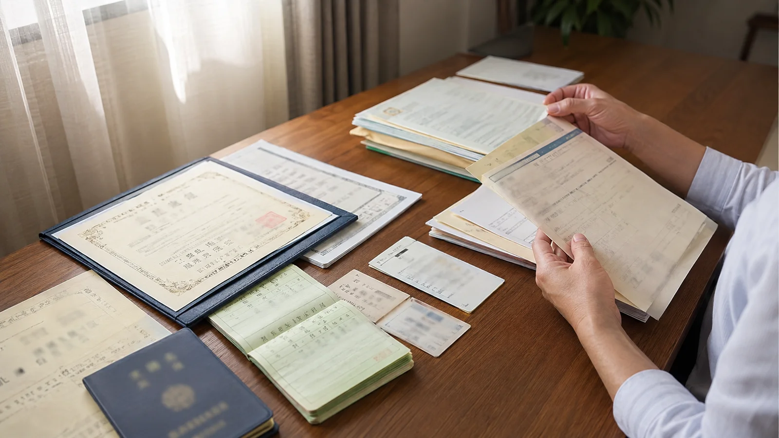 本人が古い通帳、卒業証書、資格証、旅券を年代順に並べ、長年使ってきた氏名の読みを確認している。