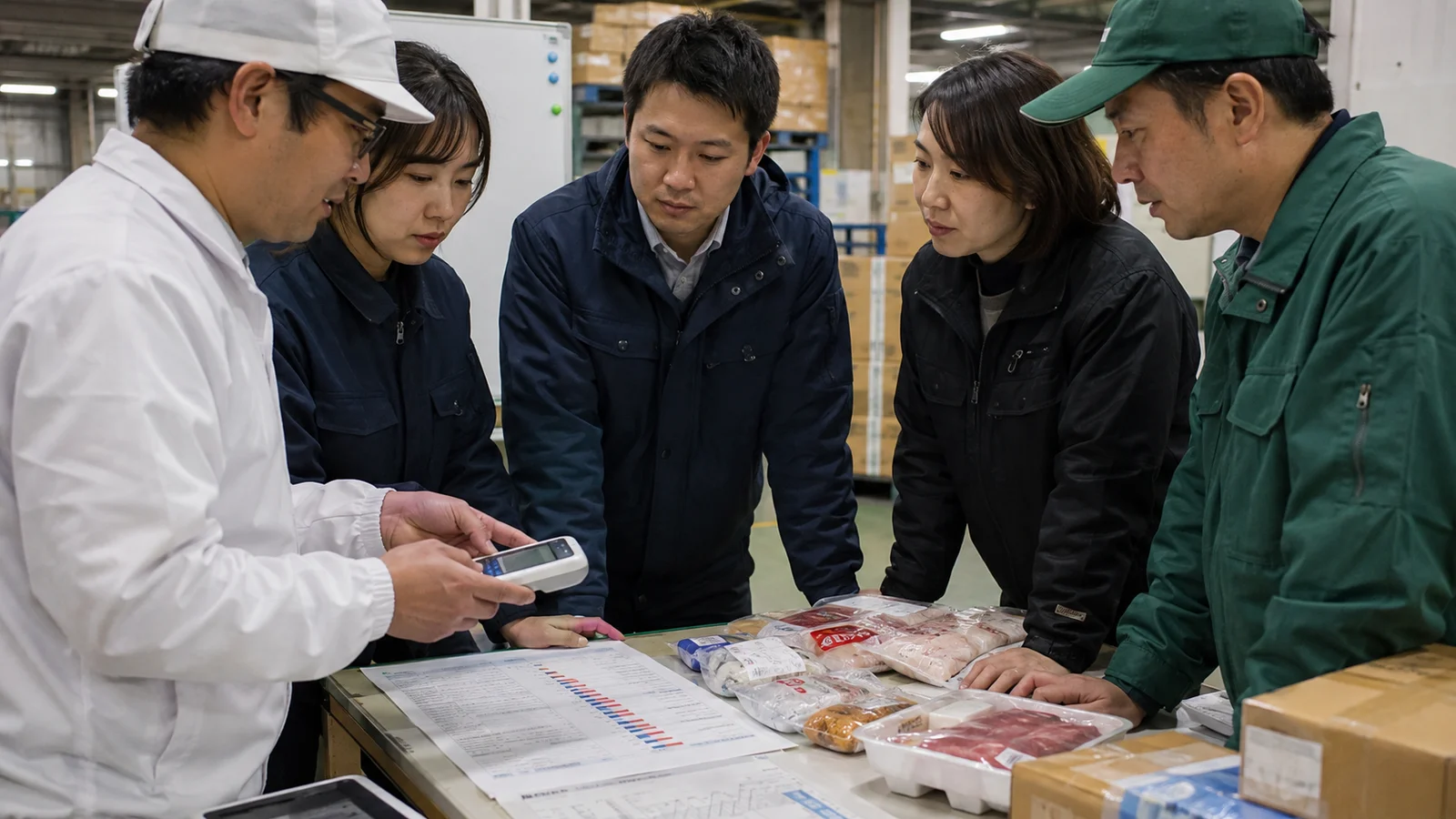 食品メーカーと物流、小売の担当者が温度ロガー、在庫日数、返品、廃棄データを流通経路ごとに確認している。