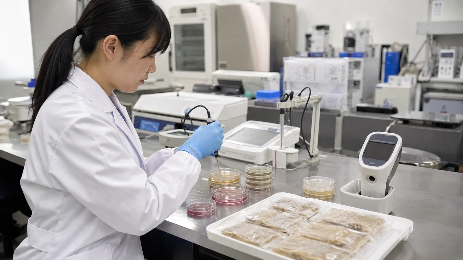 食品検査室で担当者が包装食品の微生物培養、pH測定、色差、官能評価結果を同じ試験計画で確認している。